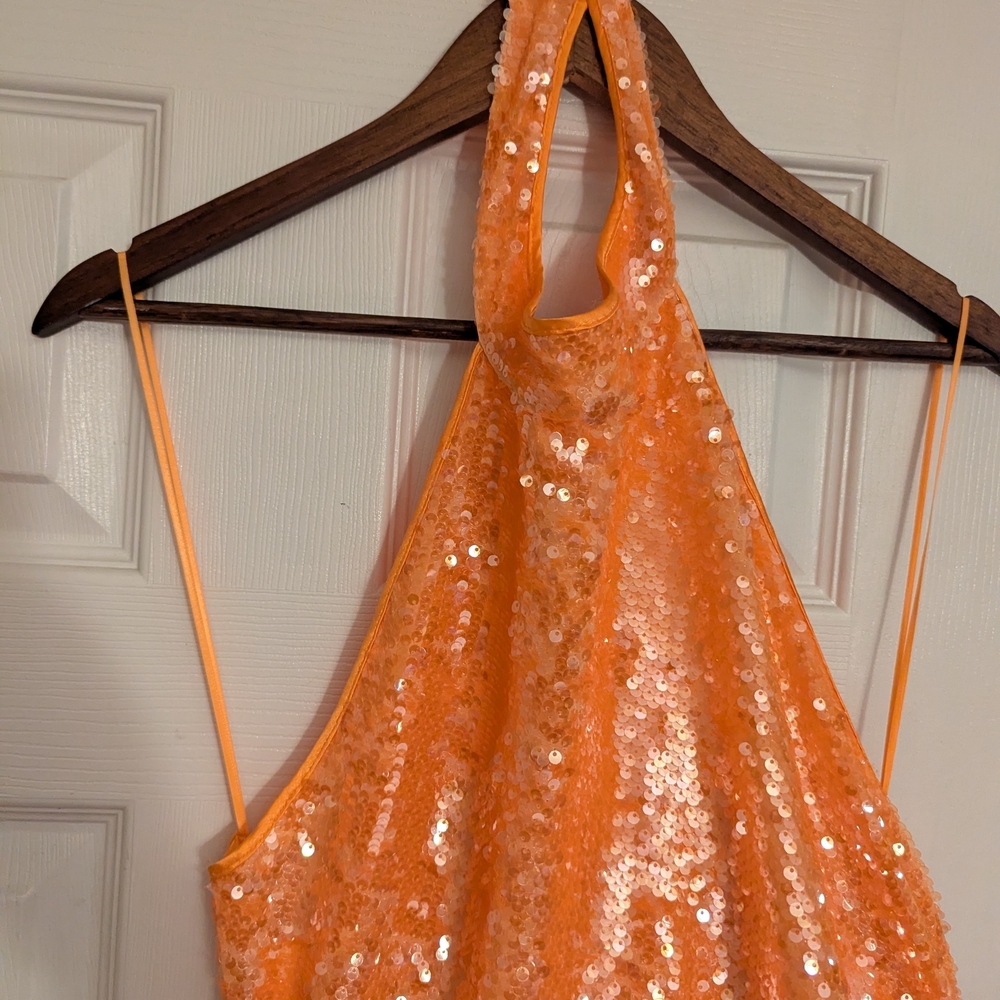 Caroline Constas Shimmering Orange Sequin Midi Dress - Picture 4 of 9